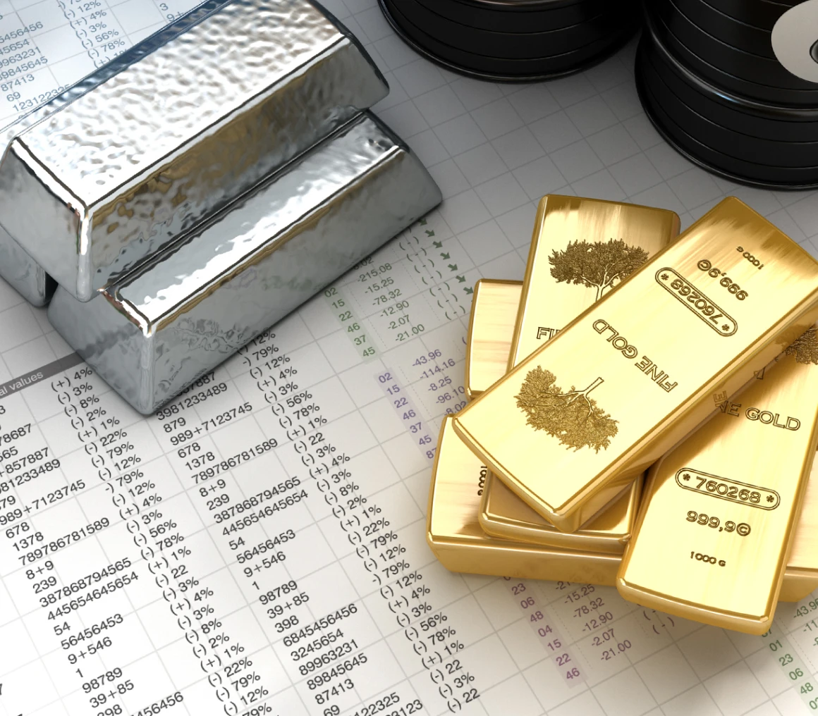 Gold and silver bullion on spreadsheet